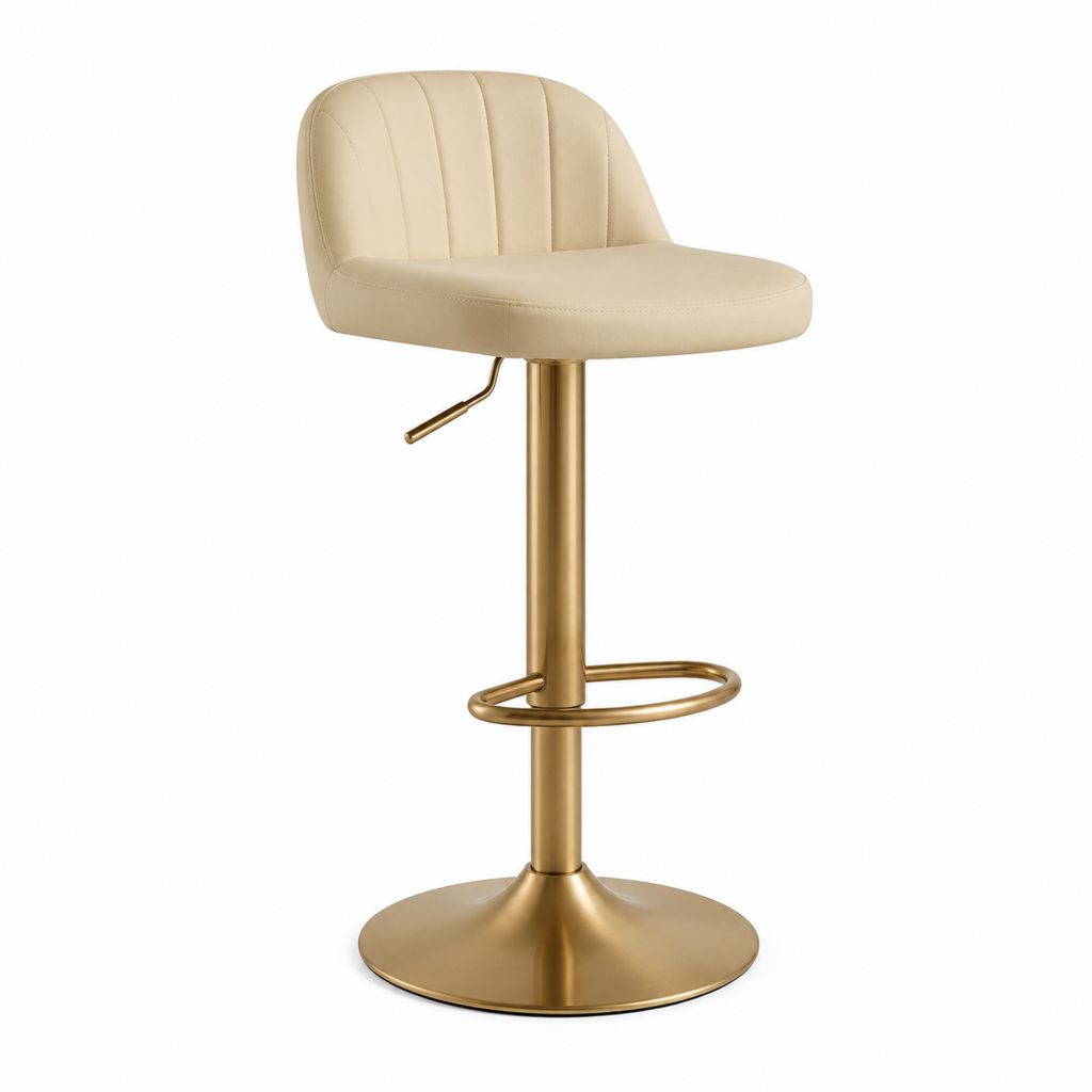 Sgabello da bar regolabile girevole beige in poliuretano PU con base rotonda in acciaio dorato 50 x 52 x 88-109 cm