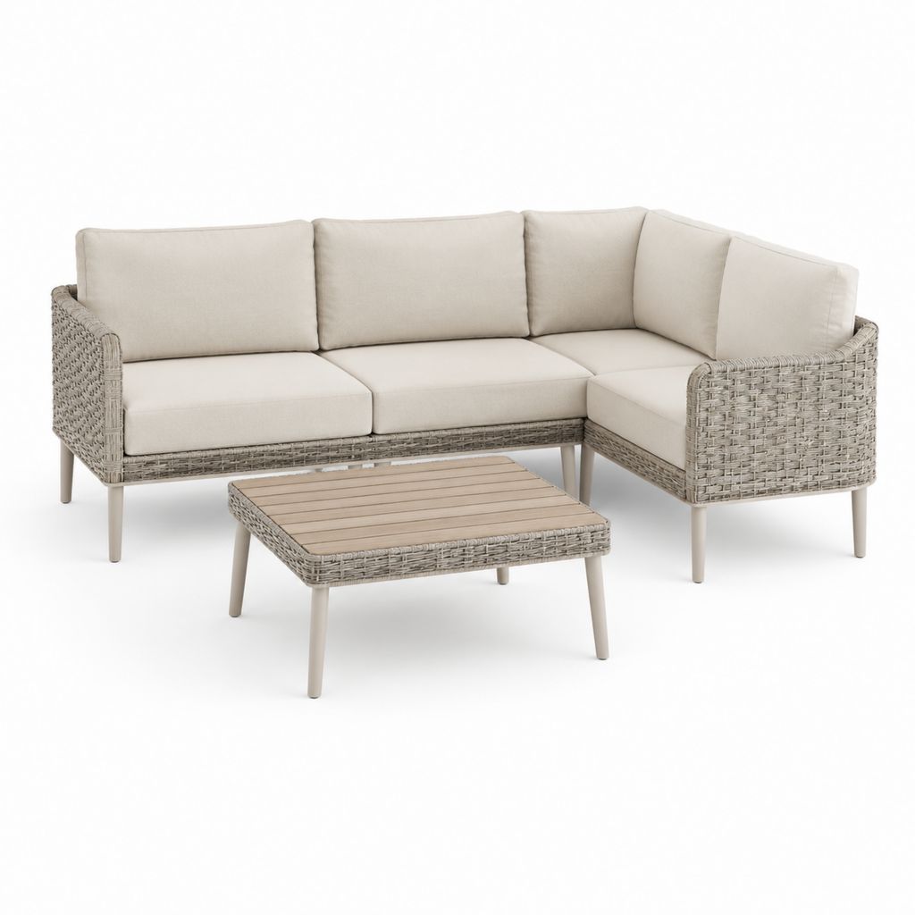 Set divano angolare da giardino 3 posti con tavolino beige in rattan PE e alluminio a L 195 x 140 x 78 cm