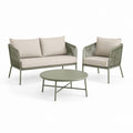 Set salotto da giardino 4 pezzi verde salvia e beige in alluminio e corda con divano 2 posti poltrona e tavolino rotondo