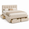 Letto matrimoniale contenitore beige in poliestere imbottito rettangolare con 4 cassetti 160 x 200 cm