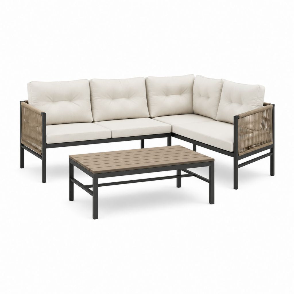 Set divano da giardino angolare 3 pezzi beige e nero in acciaio verniciato a polvere corda PE e poliestere 210 x 140 x 72 cm