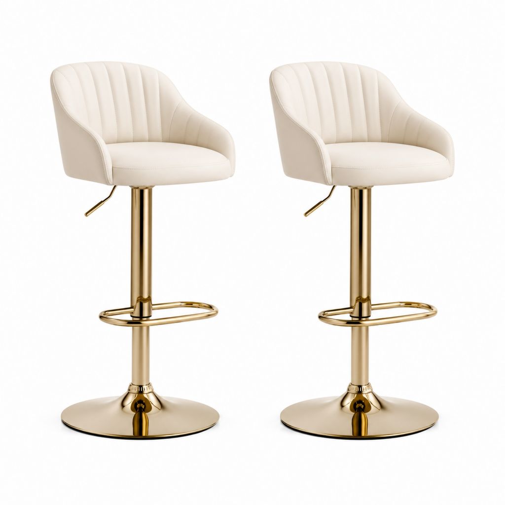 Set di 2 sgabelli da bar regolabili bianchi in PU con base rotonda oro 48 x 52 x 89-109 cm