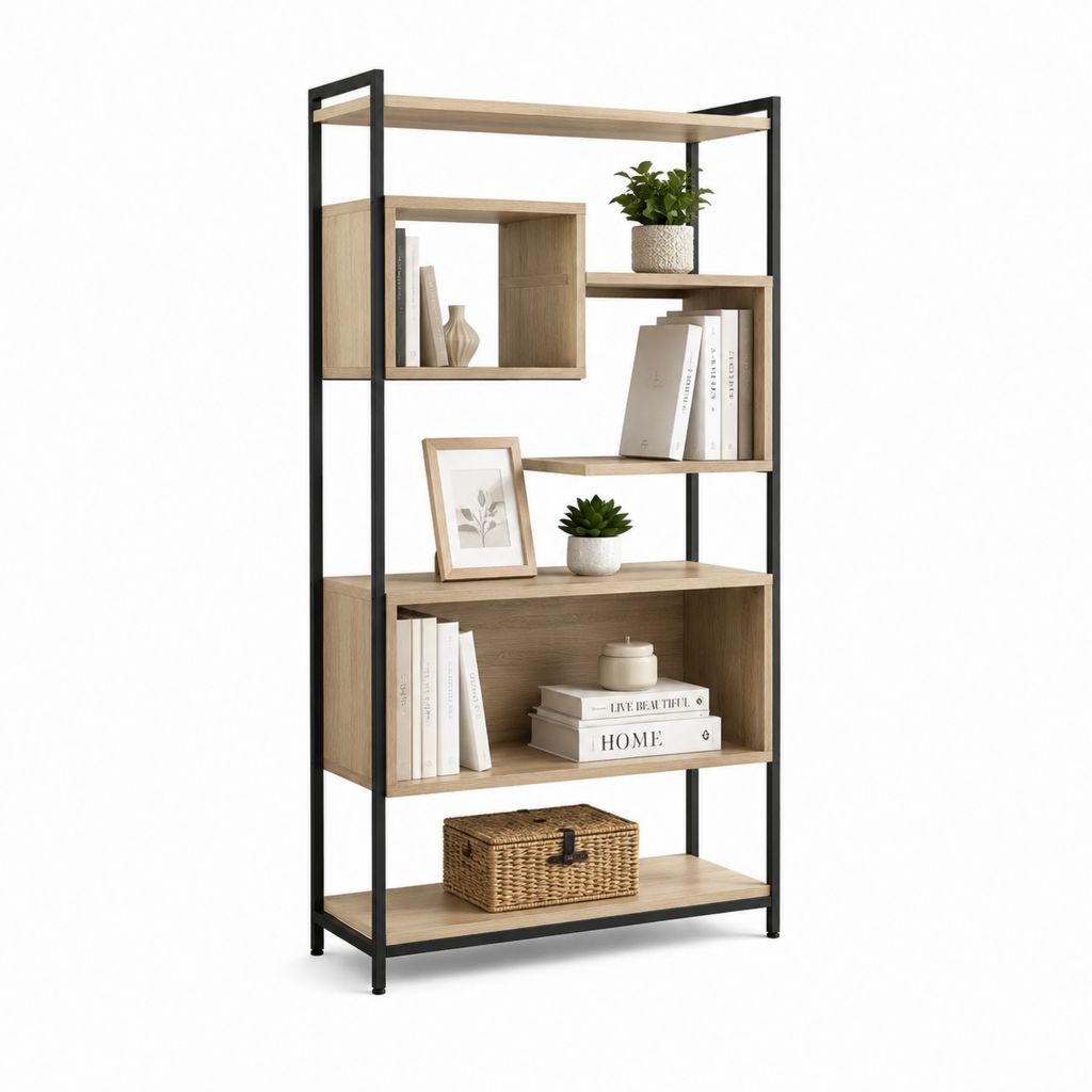 Libreria a giorno con 5 ripiani rovere chiaro e acciaio nero 80 x 30 x 180 cm