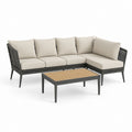 Set divano angolare da giardino con tavolino nero e beige in rattan PE acciaio e acacia 210 x 150 cm