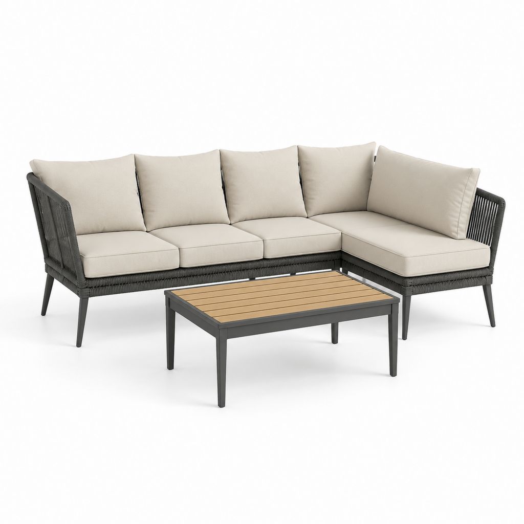 Set divano angolare da giardino con tavolino nero e beige in rattan PE acciaio e acacia 210 x 150 cm