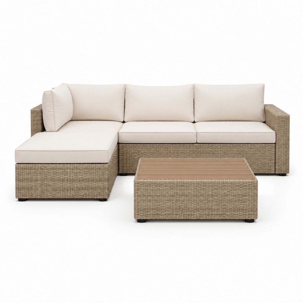 Set divano da giardino angolare con chaise longue e tavolino beige in rattan PE 225 x 150 x 65 cm