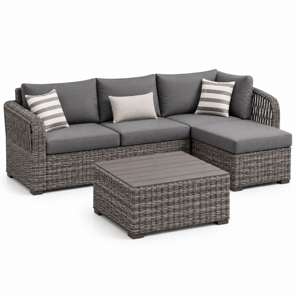 Set divano angolare da giardino grigio in rattan PE con tavolino 230 x 150 x 85 cm