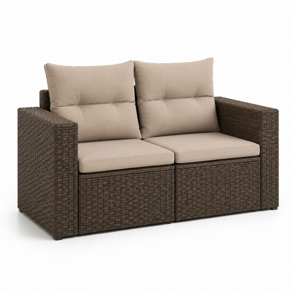 Divano da giardino 2 posti marrone in rattan PE con cuscini tortora 124 x 70 x 78 cm