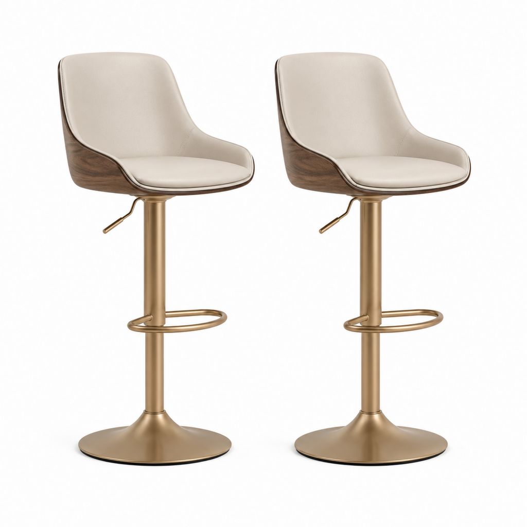 Set 2 sgabelli da bar regolabili beige e noce in PU con base in acciaio 92-113 cm