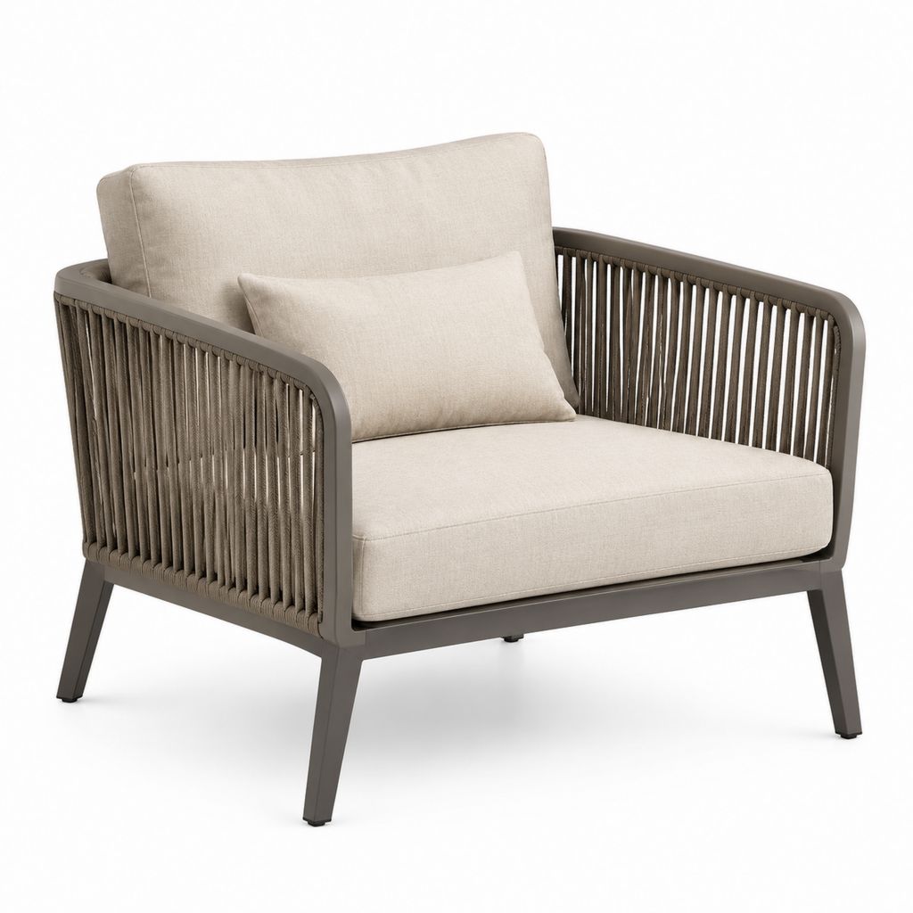 Poltrona da giardino con braccioli beige e tortora in alluminio e corda intrecciata 82 x 80 x 80 cm