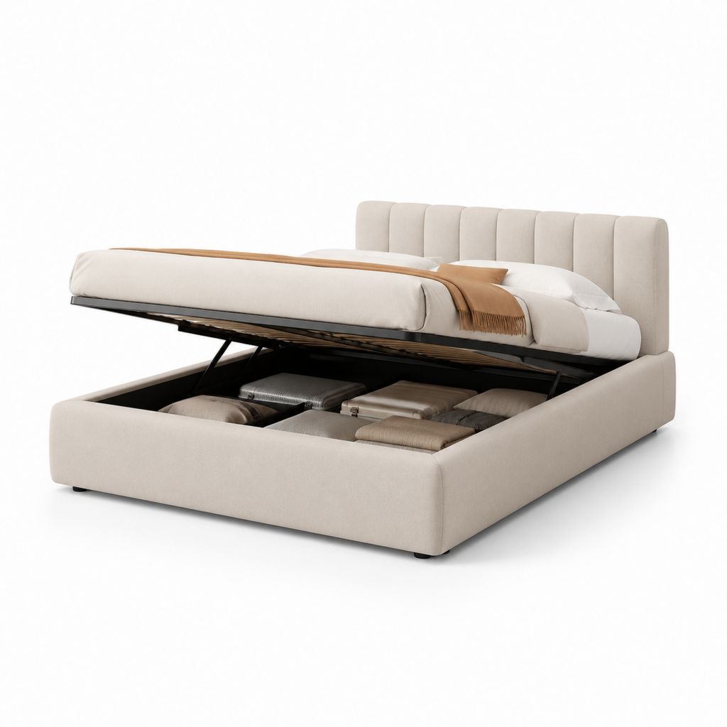 Letto contenitore matrimoniale rettangolare beige rivestito in poliestere 160 x 200 cm