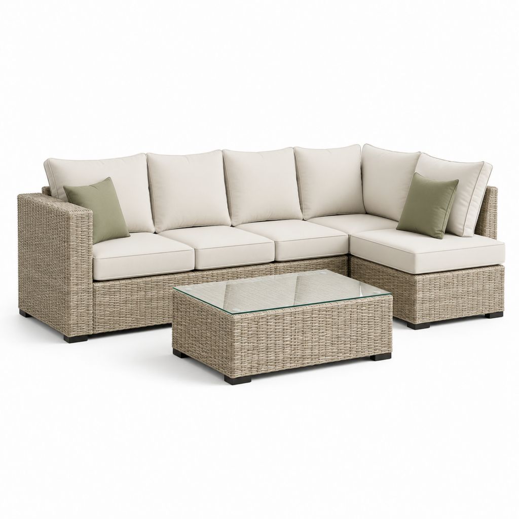 Set divano angolare da giardino beige in polietilene intrecciato con tavolino rettangolare 240 x 180 x 85 cm