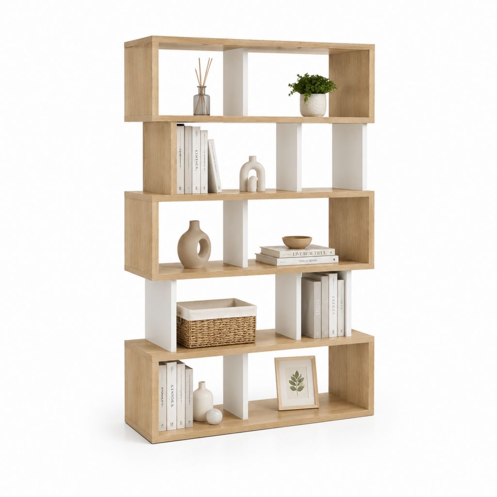 Libreria rettangolare a 5 ripiani rovere e bianco in pannello truciolare 80 x 24 x 160 cm