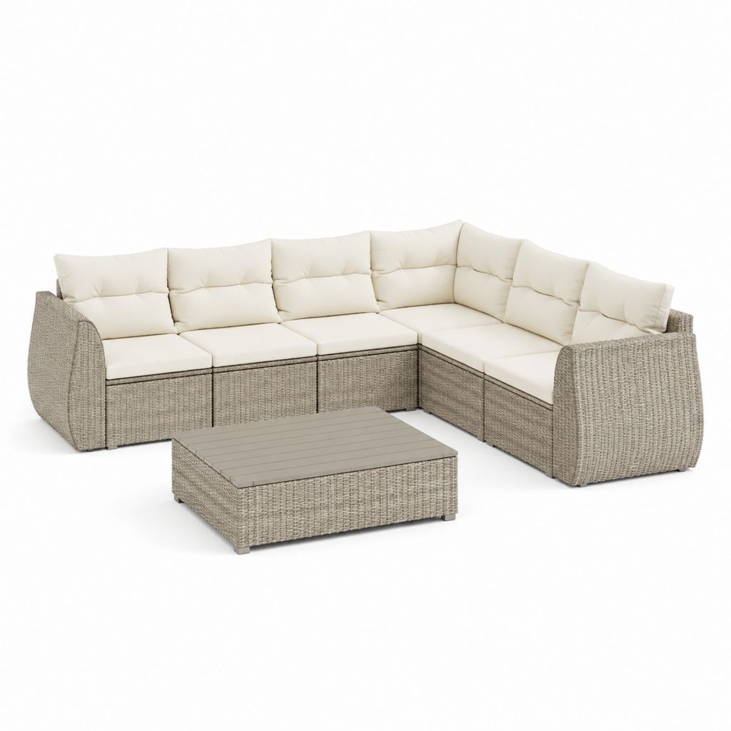 Set divano da giardino angolare 5 posti beige in rattan PE con tavolino rettangolare 255 x 235 x 85 cm