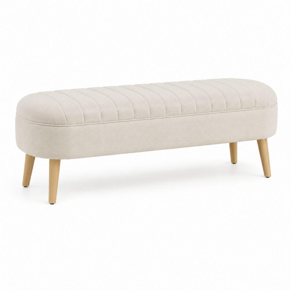 Panca fondoletto imbottita beige in poliestere rettangolare con gambe in legno massello 120 x 40 x 45 cm