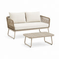 Set divano da giardino 2 posti con tavolino rettangolare beige in alluminio e corda sintetica Divano 130 x 75 x 78 cm Tavolino 100 x 60 x 40 cm