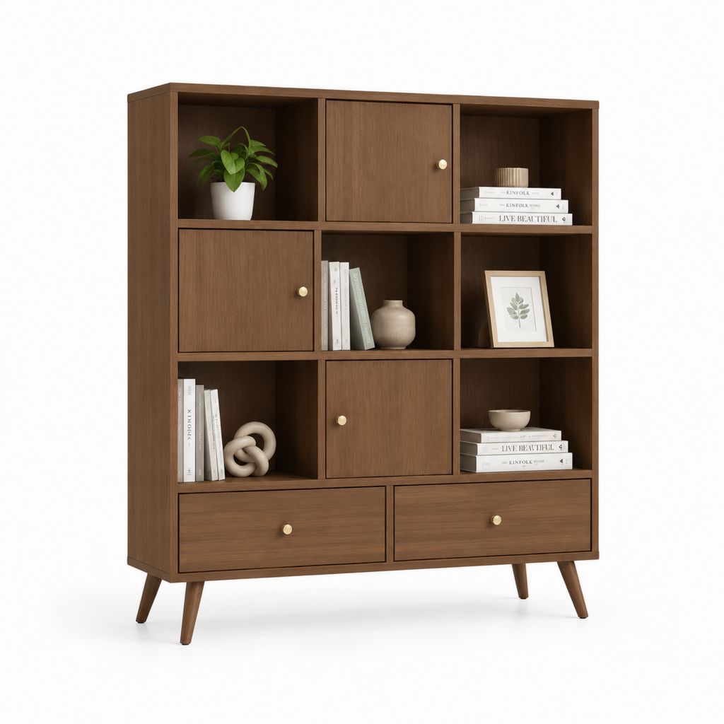 Libreria soggiorno rettangolare marrone noce in MDF 120 x 35 x 180 cm con 3 ante e 2 cassetti