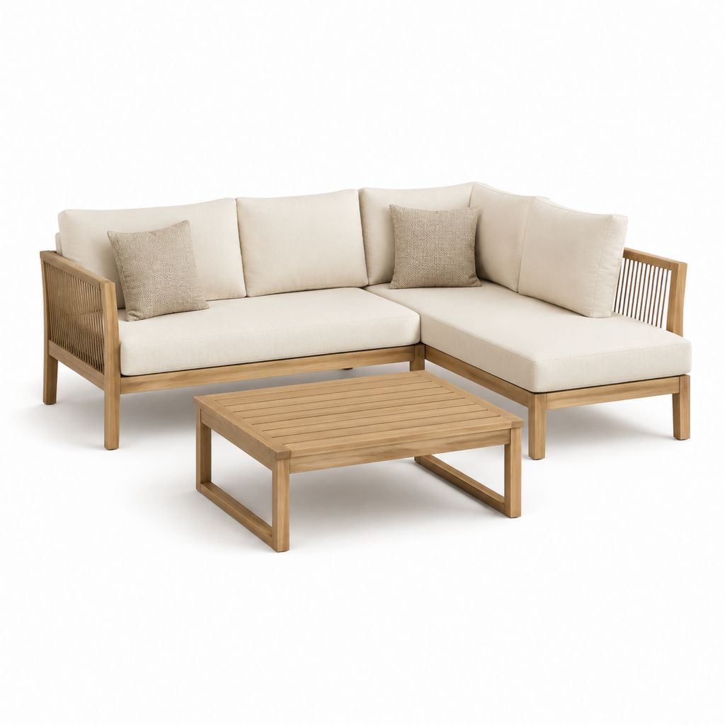 Set divano da giardino angolare beige in legno massello di acacia con tavolino rettangolare 220 x 150 x 75 cm