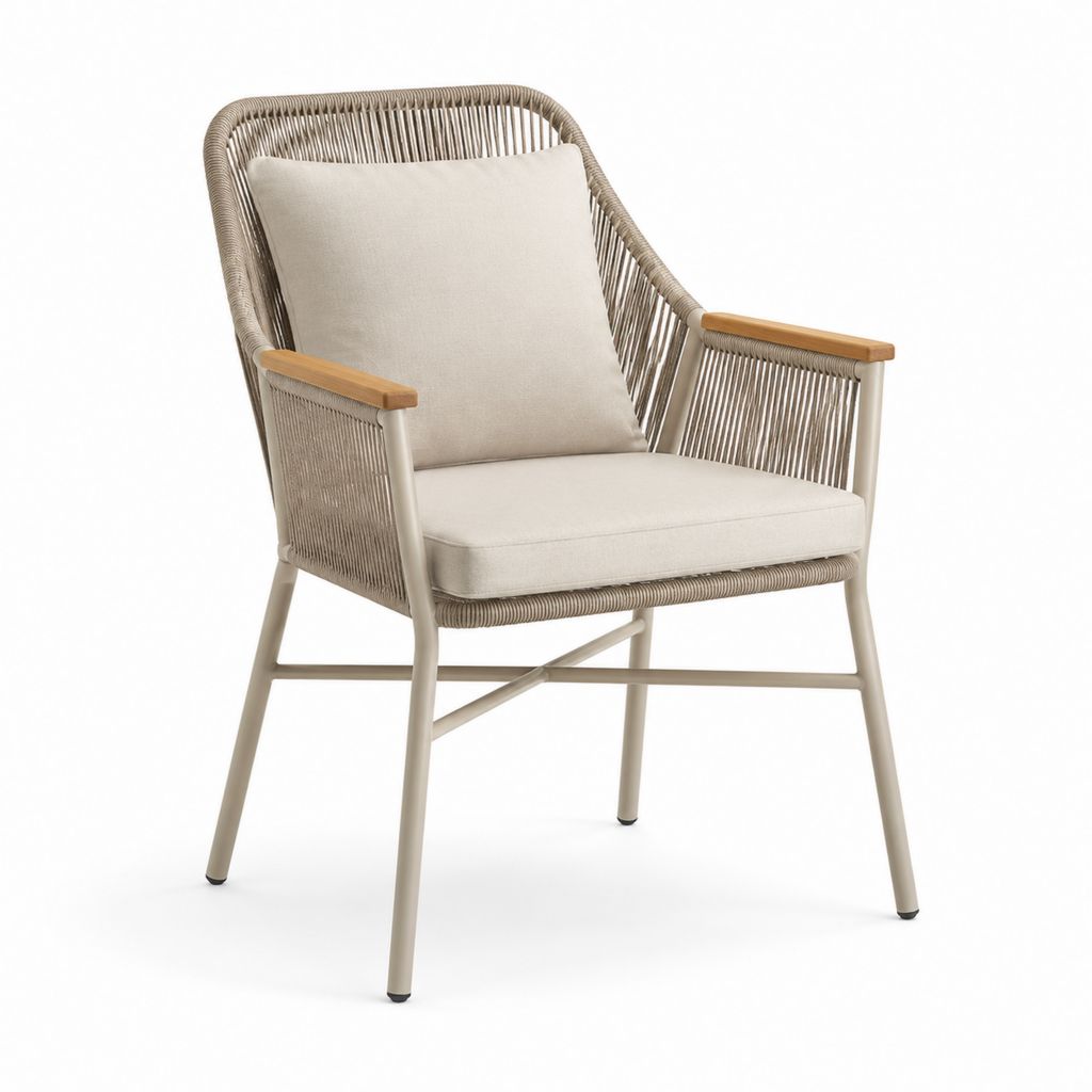 Poltrona da giardino con cuscini beige in alluminio e corda in polipropilene 65 x 75 x 88 cm