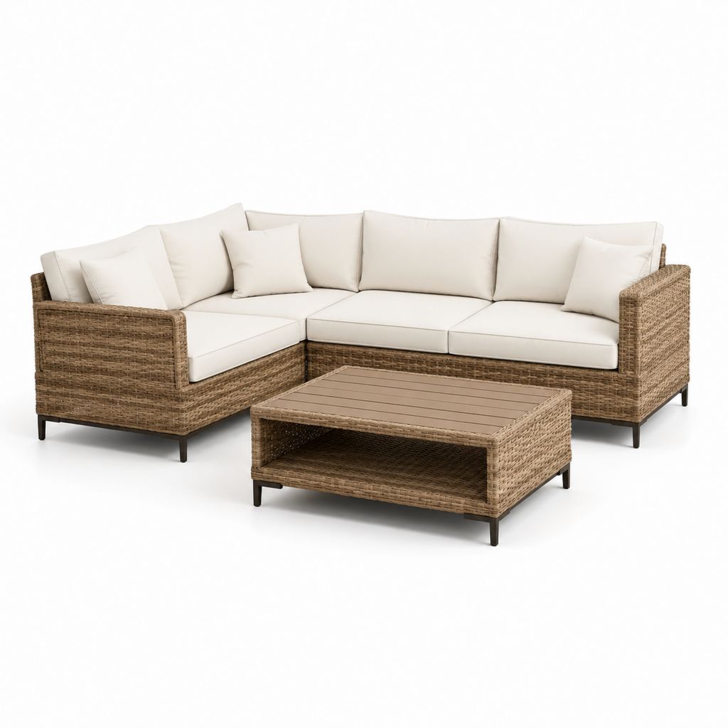 Set divano da giardino angolare con tavolino beige in rattan sintetico PE 250 x 190 cm